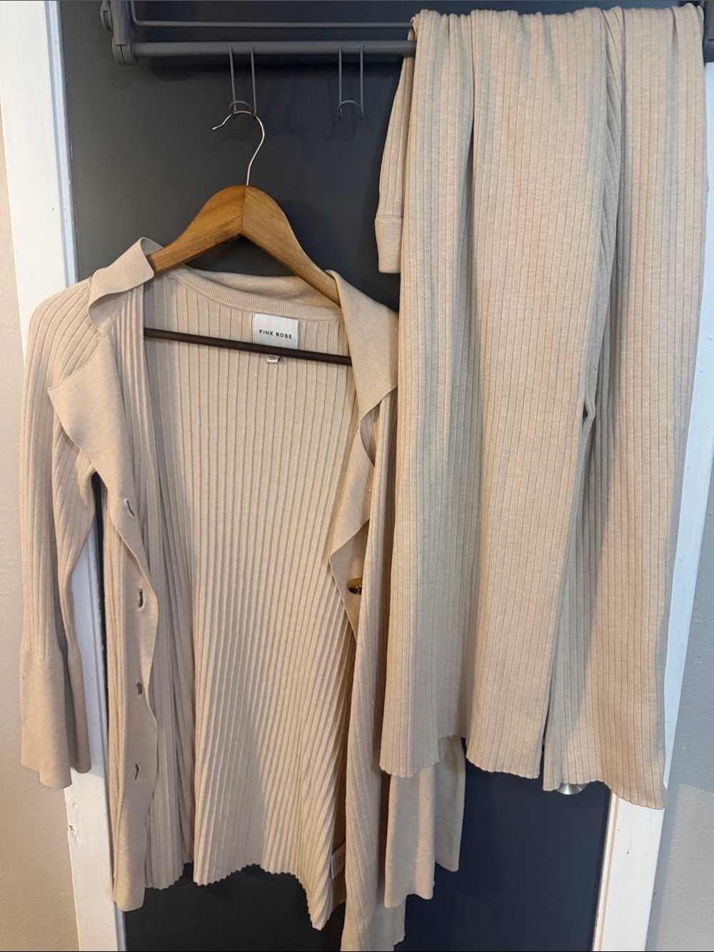 Pink Rose Beige Ribbed Knit Cardigan and Pants